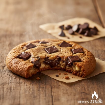 焼きたてで湯気が立つセブンイレブンのチョコクッキー。一口かじられており、溶けたチョコレートがとろけている。背景にはチョコレートチャンクが散らばっている。