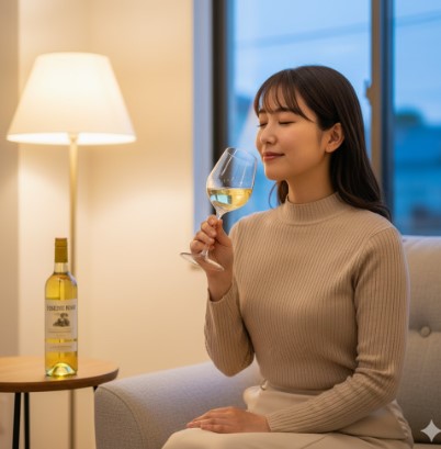 食卓に並ぶヨセミテ・ロード風の赤ワインと白ワインのボトル。家庭的な温かみのある夕食のシーン