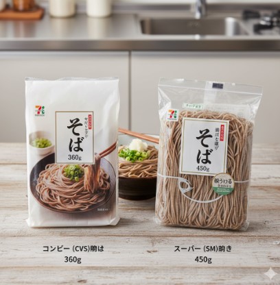セブンプレミアムの乾麺そば「360g」と「450g」の2種類のパッケージが並べられている。手前にはそれぞれの商品が茹でられ、皿に盛られたそばも見える。