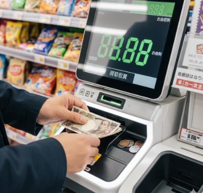 セブンイレブンのセミセルフレジで現金投入口にお金を入れる日本人男性の手元。