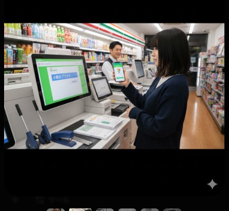 スマートフォンとセブンイレブンのマルチコピー機を使い、小冊子印刷の準備をする様子。