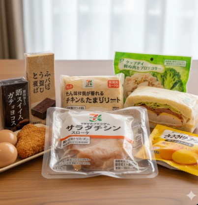 セブンイレブンの高タンパク・低脂質商品が食卓に並んでいる。サラダチキン、チキン＆たまごサンド、カップデリ、豆腐バー、ガトーショコラ、ささみ揚げ、ゆで卵など多様な商品が写っている。
