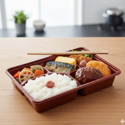 木目のテーブルに置かれたセブンイレブンの幕の内弁当。ご飯、ハンバーグ、魚の塩焼き、コロッケ、煮物などが入っている。