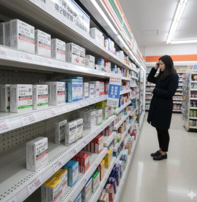 セブンイレブンの店内に設置された、種類が限られた市販薬（第2類・第3類医薬品）の棚の様子を写した画像。