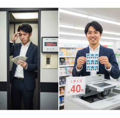 左右分割構図で、左は高価な証明写真機の前で費用に悩む男性、右はコンビニで安価に手に入れた証明写真を笑顔で見せる男性