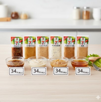 セブンイレブンの小袋ドレッシング6種類すべてと、それぞれに対応するドレッシングが小鉢に入って並べられている。手前には「34円(税込)」と書かれた価格表示がある。