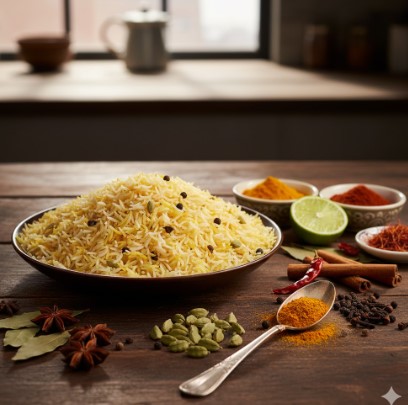 セブンイレブンビリヤニに使用される高級スパイス(カルダモン・クローブ)とバスマティライスのイメージ