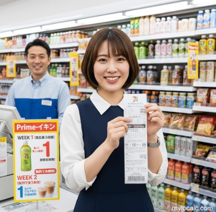 セブンイレブンのレジ前で「ぷらいち」のレシートとキャンペーンPOPを示す笑顔の日本人女性店員
画像3