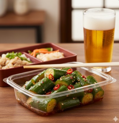 木目のテーブルに置かれたセブンイレブンの「ピリ辛きゅうり」と弁当、そしてビールグラス。食事の準備が整っている。
