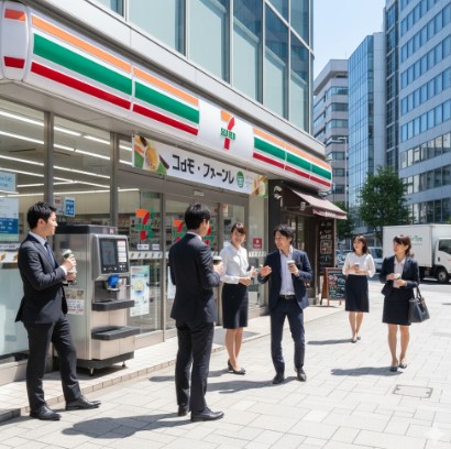 紅茶マシン初期導入店の一つである、名古屋市伏見エリアのセブンイレブンの外観。オフィス街での休憩需要を表現。