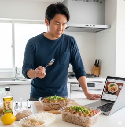 自宅のキッチンで、コンビニ弁当を再現しようと試行錯誤するアジア人男性。複数の完成した弁当容器とノートパソコンのレシピ画面を真剣な表情で見比べ、フォークを手に考察している。