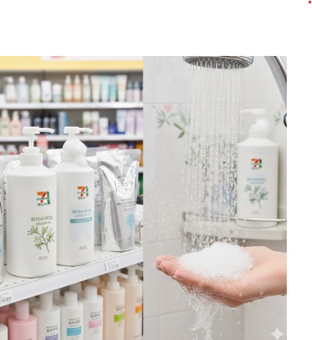 コンビニの棚に並ぶセブンイレブンのボタニカルシャンプーと、シャワーを浴びながら手で泡立てるシャンプーの様子。