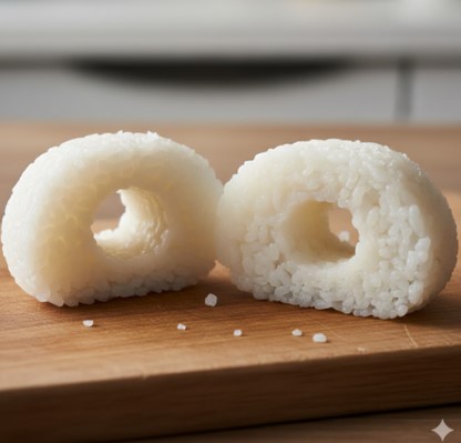 コンビニで販売されている塩むすびを二つに割った断面図。中央に不自然に大きな空洞があり、米粒が潰れないようにふっくらと成形されている様子を表している。