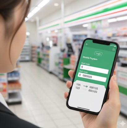 従業員番号の桁数が足りない場合に、先頭に「0」を加えて合計6桁にする「ゼロパディング」の入力ルールを視覚的に示したスマホのログイン画面。