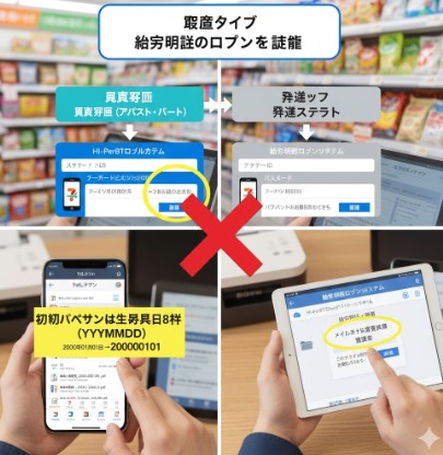 雇用タイプが「直接雇用（アルバイト・パート）」と「派遣スタッフ」の2つの分岐点を示す図。それぞれの選択肢が異なる給与システム（Hi-PerBTとBulas）へ繋がっていることを表すフローチャート。