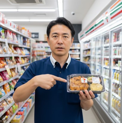 コンビニ店長が値上げや量が減ったと言われるお弁当を手に持ち、困った表情でカメラを見ている。
