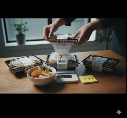 家庭用の量りでコンビニ弁当を計量し、容器を分解して上げ底構造を検証する様子。