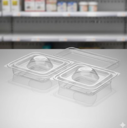 コンビニ弁当で問題視されている上げ底容器のクローズアップ画像。底が大きく盛り上がった透明なプラスチック容器が複数並べられている。