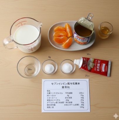 木製のテーブルに並べられたセブンイレブン風牛乳寒天の材料。計量カップに入った牛乳、粉寒天、グラニュー糖、練乳、そしてみかん缶と取り出されたみかんが配置されている。手書き風の「セブンイレブン風 牛乳寒天 配合比」と書かれたメモが添えられている。