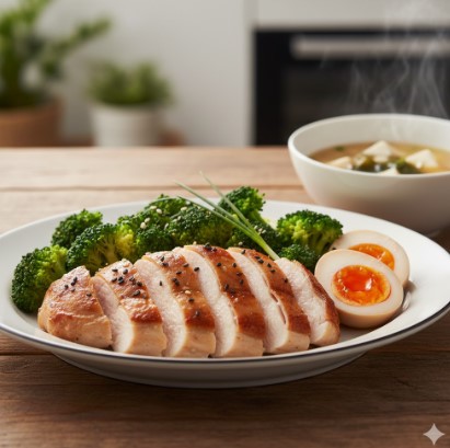 スライスされたサラダチキンとブロッコリー、半熟ゆで卵が盛り付けられた健康的な食事。奥には湯気の立つ味噌汁がある。