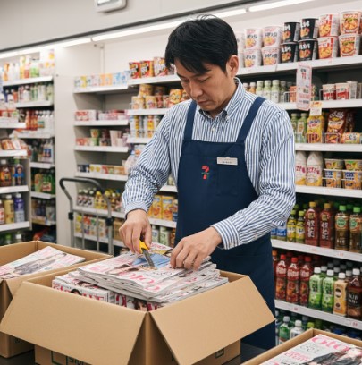 コンビニのバックヤードで、日本人店員が新しく入荷した雑誌の段ボールを開封し、検品作業をしている様子。