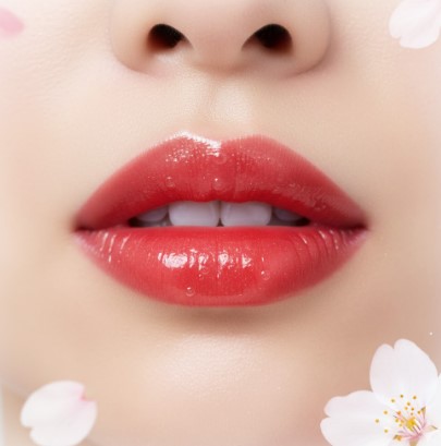 ボリューム感のあるプルンとした赤色の唇のクローズアップ。周りには桜の花びらが舞っている。