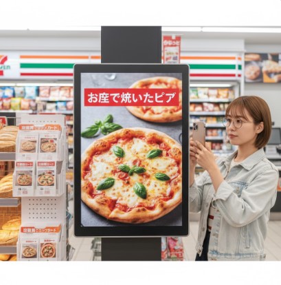 セブンイレブン店内で、デジタルサイネージに表示された「お店で焼いたピザ」をスマートフォンで撮影する日本人女性。横にはパン売り場とピザの注文カードが見える。