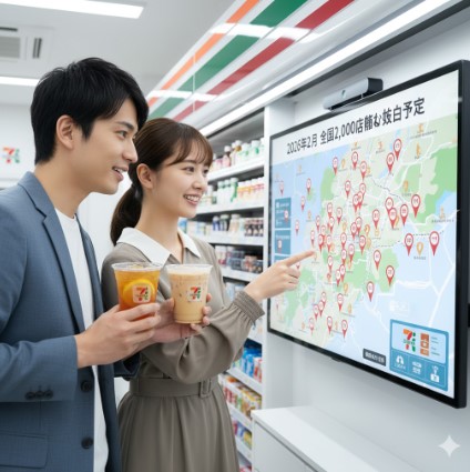 コンビニ店内で、アイスティーを片手にした若い日本人カップルが、全国のセブンカフェティー導入予定店舗を示すデジタルマップを見ている。