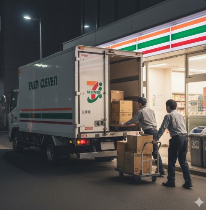 セブンイレブンの深夜配送便（ルート配送）のトラックと、商品が店舗に運び込まれる様子。コンビニの「順次発売」の裏側を説明するための物流イメージ。