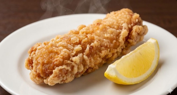 薄衣でサクサクとした食感の塩レモンからあげ棒と新鮮なレモンの添え物