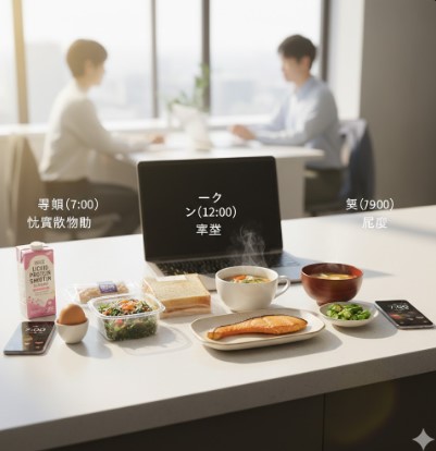 オフィスのような空間で、朝昼夜の食事を並べたテーブル。朝食はゆで卵とプロテインドリンク、昼食は鮭とサラダ、食パン、スープ、夜食は味噌汁と野菜が並び、それぞれの食事の横に時間が表示されている。