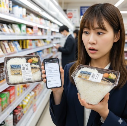 コンビニ弁当の底上げを疑い、スマートフォンで情報を確認しながら驚く日本人女性の消費者