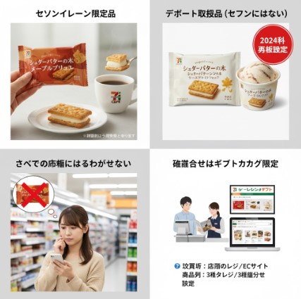 2025年秋の新作「シュガーバターの木 メープルブリュレ」が、セブンイレブンのコーヒーとともに、小容量で気軽に楽しめる様子を写した画像。