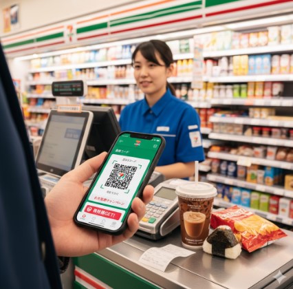 セブンイレブンアプリの会員コードをレジで提示し、特典獲得の条件である買い物をしているシーン。