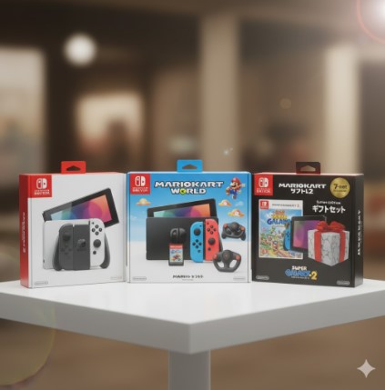 Nintendo Switch 2本体単品、人気ソフトセット、限定ギフトボックス付きセットなど、抽選対象となるモデルのバリエーションを示すイメージ。