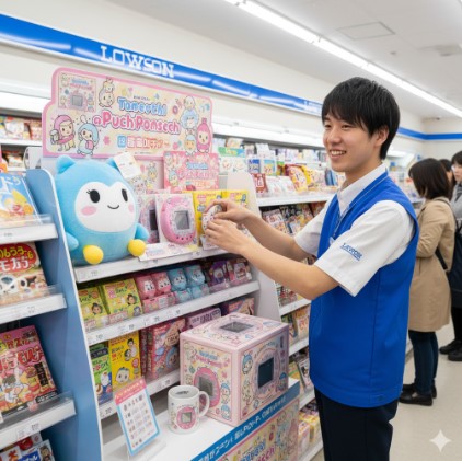 2025年11月最新のたまごっち一番くじ(プチプチおみせっち)が、ローソンの店舗で販売されており、店員が景品を陳列している様子。