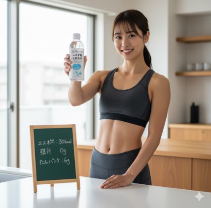トレーニングウェアを着て、腹筋が引き締まった日本人女性が「Cycle.me たんぱく質がとれる水」を持ち、笑顔でこちらを見ている。手前には「30kcal 脂質0g たんぱく:6g」と書かれた黒板が置かれている。
