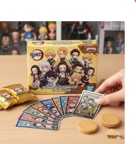 鬼滅の刃ディフォルメシールウエハース「其ノ十三」の箱と、ウエハース、そしてカラフルなデフォルメシールが多数並べられたテーブル。