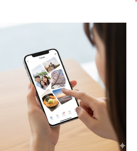 スマートフォンを操作し、コラージュ作成アプリで複数枚の写真を1枚のおしゃれな画像にまとめている様子。