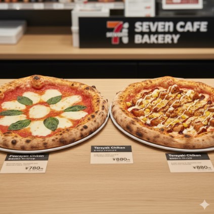 セブンイレブンの焼き立てピザ「マルゲリータ」と「照り焼きチキン」の2種類が並んだ比較画像。