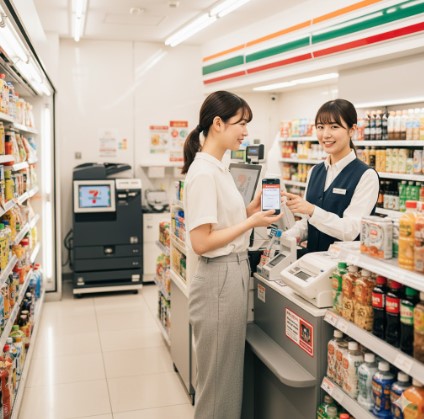 日本人女性がセブンイレブンのレジで店員にスマートフォン画面を提示し、店員が笑顔で応対している様子。背景にはマルチコピー機が見えるが、二人はレジで発券している。