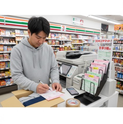 日本人男性がコンビニ店内の記入台で、梱包済みの段ボールの横にヤマト運輸のピンク色の手書き伝票を広げ、ボールペンで宛名を記入している様子。