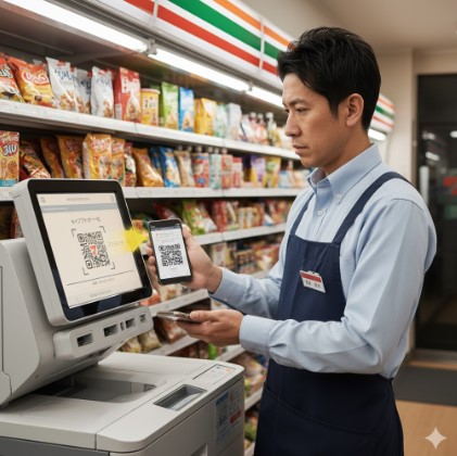 スマートフォンアプリ「マイ名刺」で発行されたQRコードをセブンイレブンのマルチコピー機にかざし、名刺印刷を行うビジネスパーソン