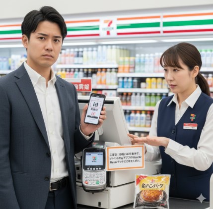 コンビニのレジで、男性がiD払いを使用してエラー表示のスマホを見せ、店員がVポイントPayのタッチ決済を促す。金のハンバーグがレジに置かれている。