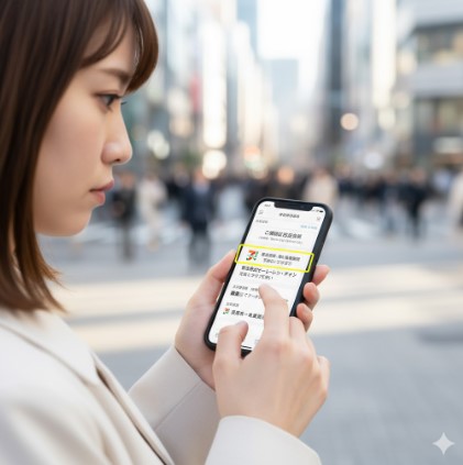 スマートフォンでコンビニのアルバイト求人情報を見ている日本人女性の手元。画面には募集要項や雇用主の記載が強調されており、真剣な表情が伺える。