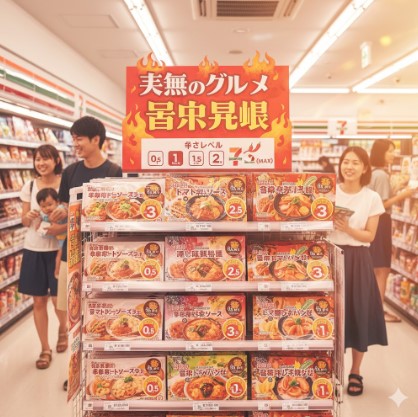 セブンイレブンの店内で、「真夏のグルメ 旨辛界隈」と書かれたフェア棚の前に立つ笑顔の顧客たち。辛さレベルが0.5から3（MAX）まで表示された商品が並べられている。