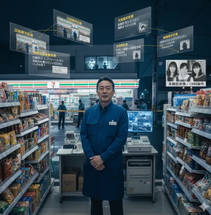 コンビニ店内に立つ日本人男性店長。背後のレジカウンターには複数の事件情報(八王子市コンビニ強盗、あきる野市男児死亡事件、八王子スーパーナンペイ事件、長崎県松浦市コンビニ強盗)がデジタル表示され、情報が混同している様子が視覚化されている。