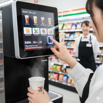 女性客がセブンイレブンの紅茶マシンで、タッチスクリーンを使って紅茶を選び、カップをセットしている様子