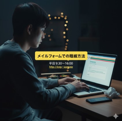 夜間にノートパソコンを使い、セブンイレブンのメールフォームでクレーム内容を入力する男性。