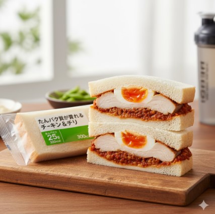 鶏むね肉と半熟卵、チリソースが挟まれた高タンパクサンドイッチが積み重ねて置かれており、筋トレ用のシェイカーが背景に見える。